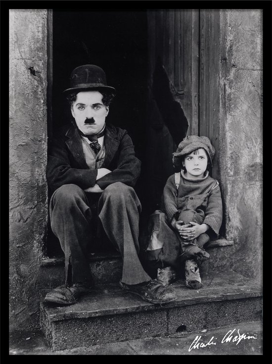 Charlie Chaplin The Kid -POSTER Comédien hollywoodien dans cadre photo -Bordure noire en bois- cadre photo complet - 30 x 42 cm