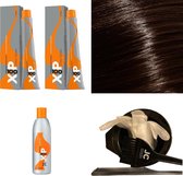 XP100 haarverfpakket kleur 4.0  Middenbruin (2x 100ML) met 3% waterstof ( 1x 250ML) incl verfbakje, kwast, maatbeker, puntkam en handschoenen