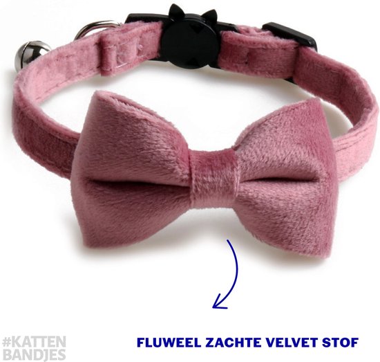 Kattenhalsband velvet met strik | Halsband kat | Kattenband Velours | Kattenbandje velvet met strik, veiligheidssluiting en belletje in roze