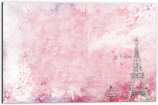 Dibond - Roze plaat met Eiffeltoren en ''Je t'aime'' - 60x40cm Foto op Aluminium (Wanddecoratie van metaal)