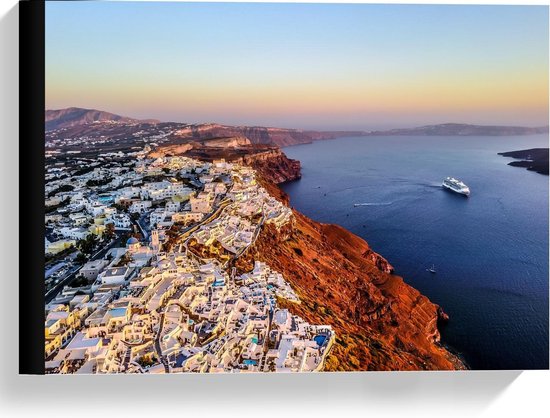 Canvas  - Santorini Huisjes en Zee - Griekenland - 40x30cm Foto op Canvas Schilderij (Wanddecoratie op Canvas)