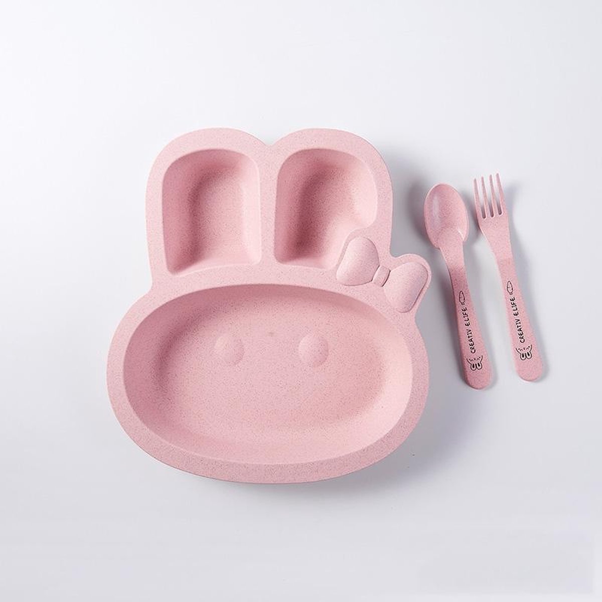 Goedkoopste Kinderservies - Kinderbord - Vakjesbord - Bord met vakken voor baby peuter en kleuter - Met lepel en vork - Kraam cadeau - Konijn - Roze - 1 set