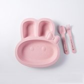 Kinderservies - Kinderbord - Vakjesbord - Bord met vakken voor baby peuter en kleuter - Met lepel en vork - Kraam cadeau - Konijn - Roze - 1 set