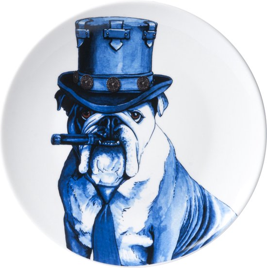 Heinen Delfts Blauw | Bord Hond met sigaar | Ø 20,5 cm