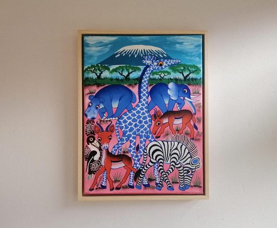 Wanddecoratie - Woonkamer - Savannah Morning Dew - Schilderij - Handgeschilderd - in houten baklijst - 40x30cm - Tanzania - giraffe