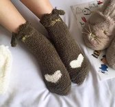 Dames sokken warm / huissokken / sleep  - bruin - print hart - met leuke oren - kat 36-40