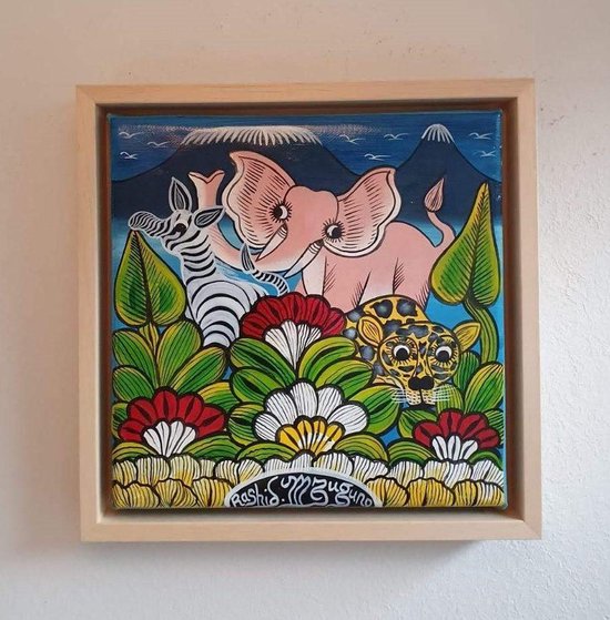 Wanddecoratie - Woonkamer - Olifant - Hidden Danger - Schilderij - Handgeschilderd - in houten baklijst - 20x20cm - Tanzania