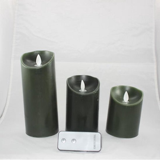 Set van drie Led Kaarsen Olijf met bewegende vlam en afstandsbediening