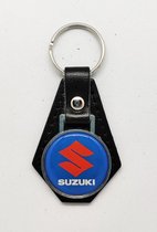 Sleutelhanger - Suzuki - Blauw met Witte Tekst - Leer - Leather - Metaal - Auto