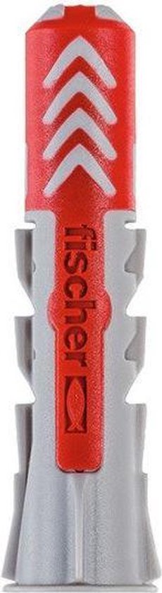 Grijze fischer plug met rode band, pijlvormige markeringen, en het fischer logo.