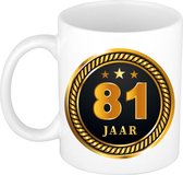 81 jaar jubileum/ verjaardag mok medaille/ embleem zwart goud - Cadeau beker verjaardag, jubileum, 81 jaar in dienst