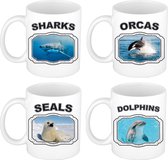 Set van 4x zeedieren drink mokken/bekers 330 ML - Haai  - Zeehond - Orca - Dolfijn
