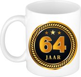 64 jaar cadeau mok / beker medaille goud zwart voor verjaardag/ jubileum