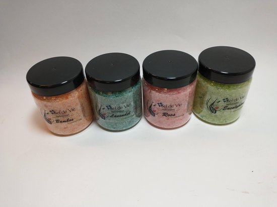 Badzoutkristallen pakket 4 x 600gr uit  zeezout en dode zee zout. Eucalyptus, Lavendel, Bamboe en Roos - Sel de Vie