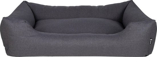 Panier rectangulaire pour chien gris foncé en textile avec des bords doux et surélevés.