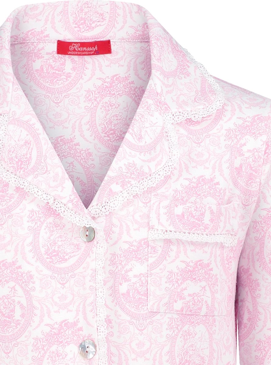 Exclusief Luxueus Kinder nachtkleding Luxe mooie zacht roze Girly Pyjama van Hanssop met verfijnde kant rand details en luxe kraag verwerking, Meisjes Pyjama, zacht exclusieve Hanssop roze Toile print, maat 140