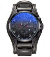 Hidzo Horloge Curren Blauwe Gloed Ø 47 - Zwart  - Kunstleer - Inclusief Horlogedoosje