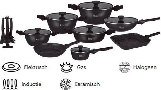 Royal Swiss | 33 - Delige Steengoeden Pannenset | Afneembare handgrepen, 6 Potten + 2 Pannen + Pollepelbodem + 2 Pollepels + 6 Deksels + 12 Handgrepen + Accessoire. - Zwart