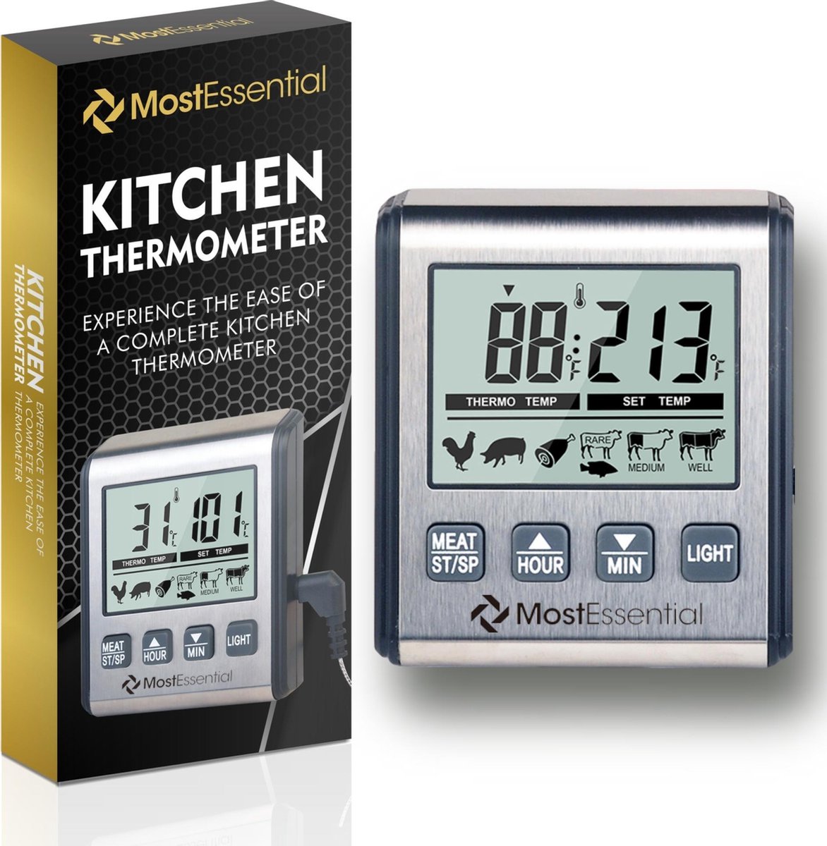 MostEssential Premium Keuken Thermometer - BBQ Thermometer - Suikerthermometer - Oventhermometer - Vlees Thermometer - Braad Thermometer - Thermometer Koken - MostEssential