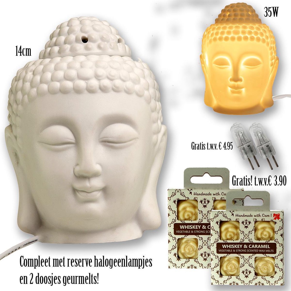 Elektrische geurbrander Buddha hoofd 14 cm-incl. 2 reservelampjes en GRATIS 2 doosjes geurmelts!