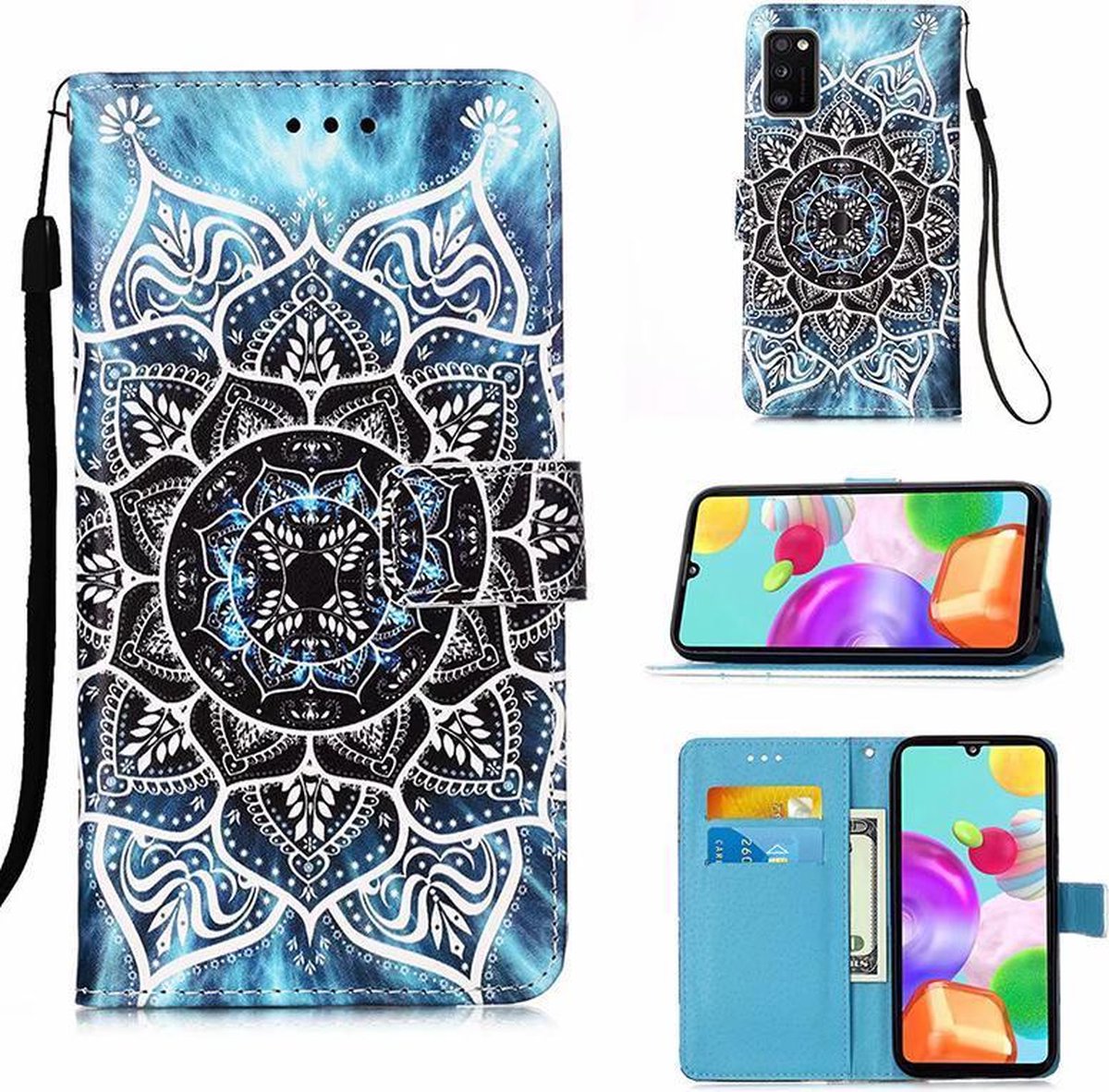 gsm Hoesje mandala blauw Samsung Galaxy A51 flip book case cover mandala (blauw) met...