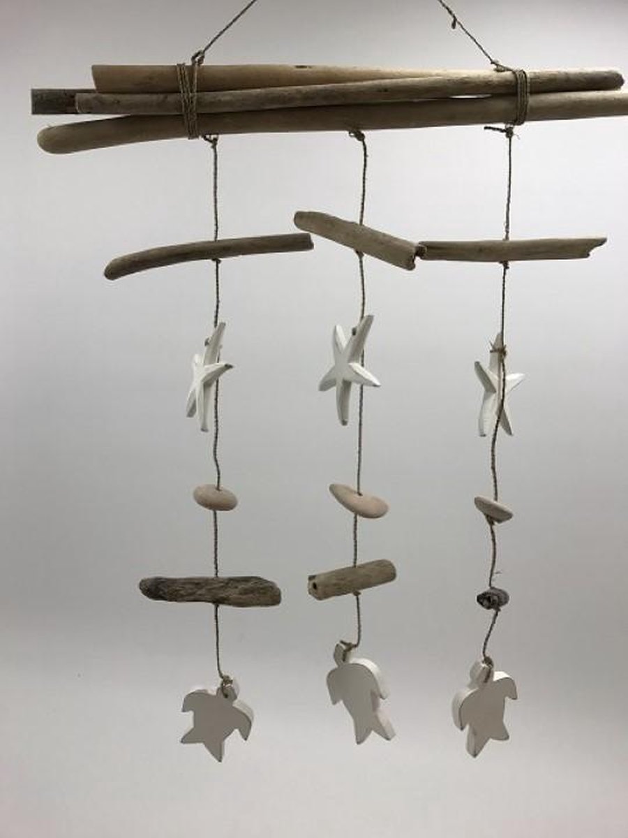 Mobiel Driftwood met stenen schildpad H 60 cm handgemaakt van hout