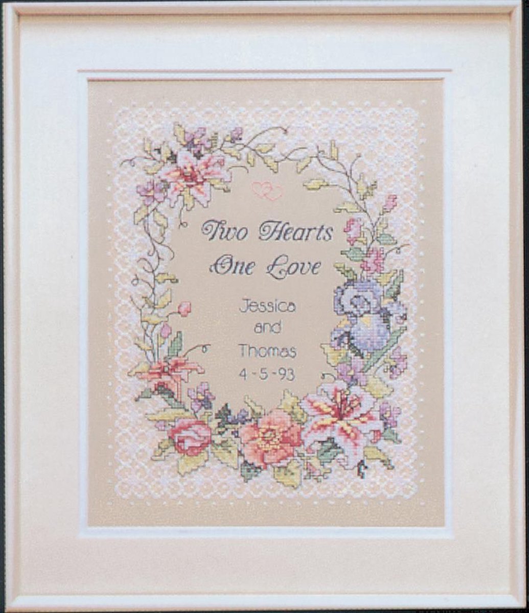 Borduurpakket TWO HEARTS WEDDING RECORD - DIMENSIONS - VOORBEDRUKTE WEEFSTOF