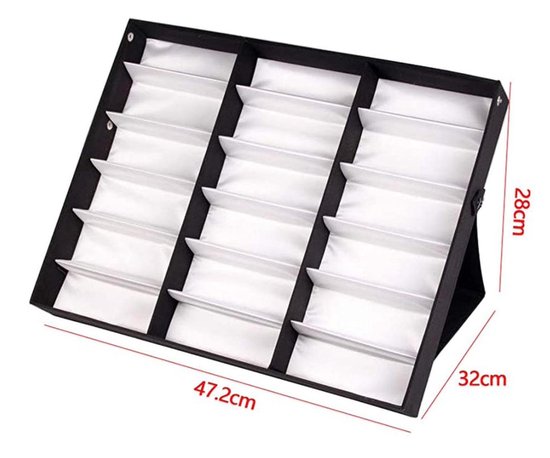 Zwarte brillenkoffer met 18 vakken, wit interieur, met afmetingen 47.2cm x 32cm x 28cm.