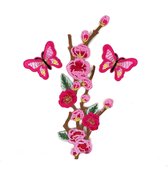 Roze Bloesem Bloemen Tak Met Twee Roze VLinders Patch Set 3 patches 1x 27x11,5 cm + 2x 6,8 x 5,2 cm