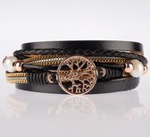Armband dames rosegoud- leren wikkelarmband Galeara design rosekleurig zwart dames levensboom 18,5cm - Galeara design