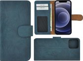 iPhone 12 Pro hoesje - Bookcase - Portemonnee Hoes Echt leer Wallet case Washed Turquoise