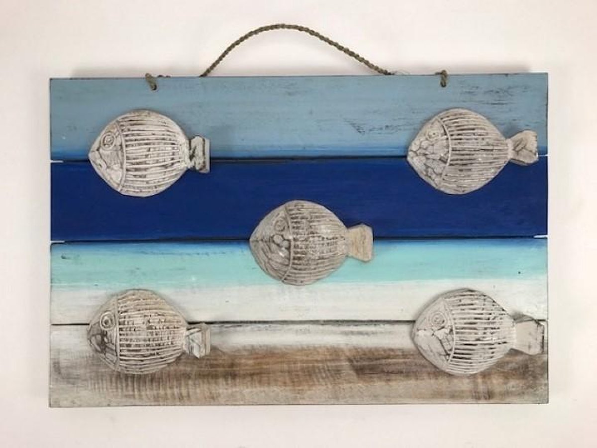 3D bord met 5 vissen 40x60 cm handgemaakt van hout