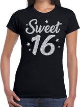 Sweet 16 zilver glitter cadeau t-shirt zwart dames - dames shirt 16 jaar - verjaardag kleding / outfit XS