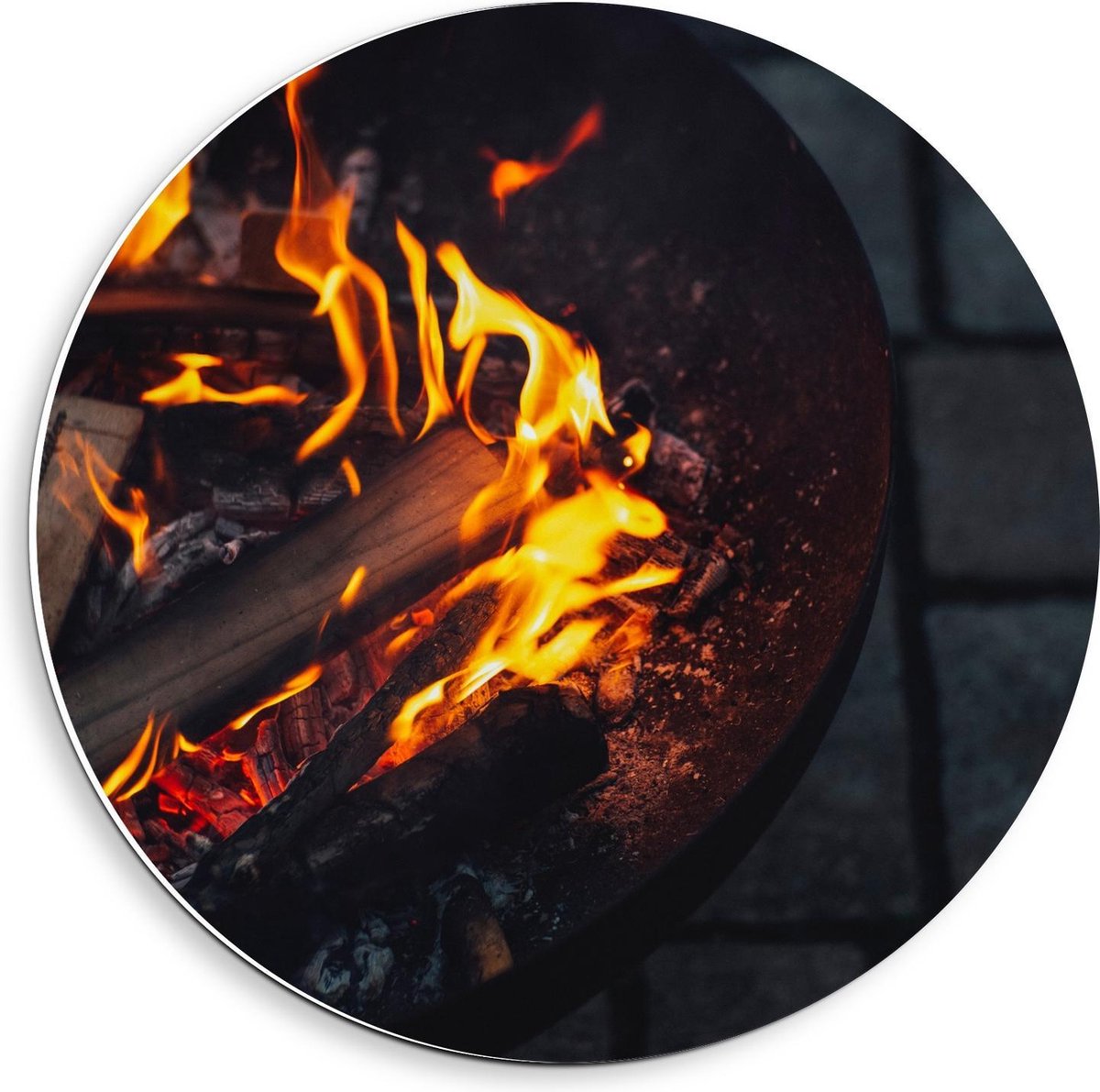 Forex Wandcirkel - Brandend Hout in Vuurkorf - 40x40cm Foto op Wandcirkel (met ophangsyste