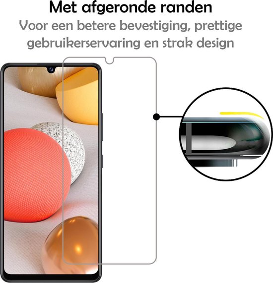 Zwarte telefoonhoes en een screenprotector ernaast, met een vergroot detail van de afgeronde rand.
