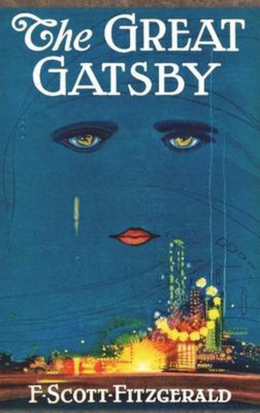 Couverture du livre 'The Great Gatsby' sur fond bleu, avec un visage stylisé, un paysage urbain et le texte 'The Great Gatsby' et 'F. Scott Fitzgerald'.