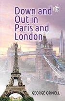 Boekkaft: 'Down and Out in Paris and London' door George Orwell, met Eiffeltoren en Tower Bridge.