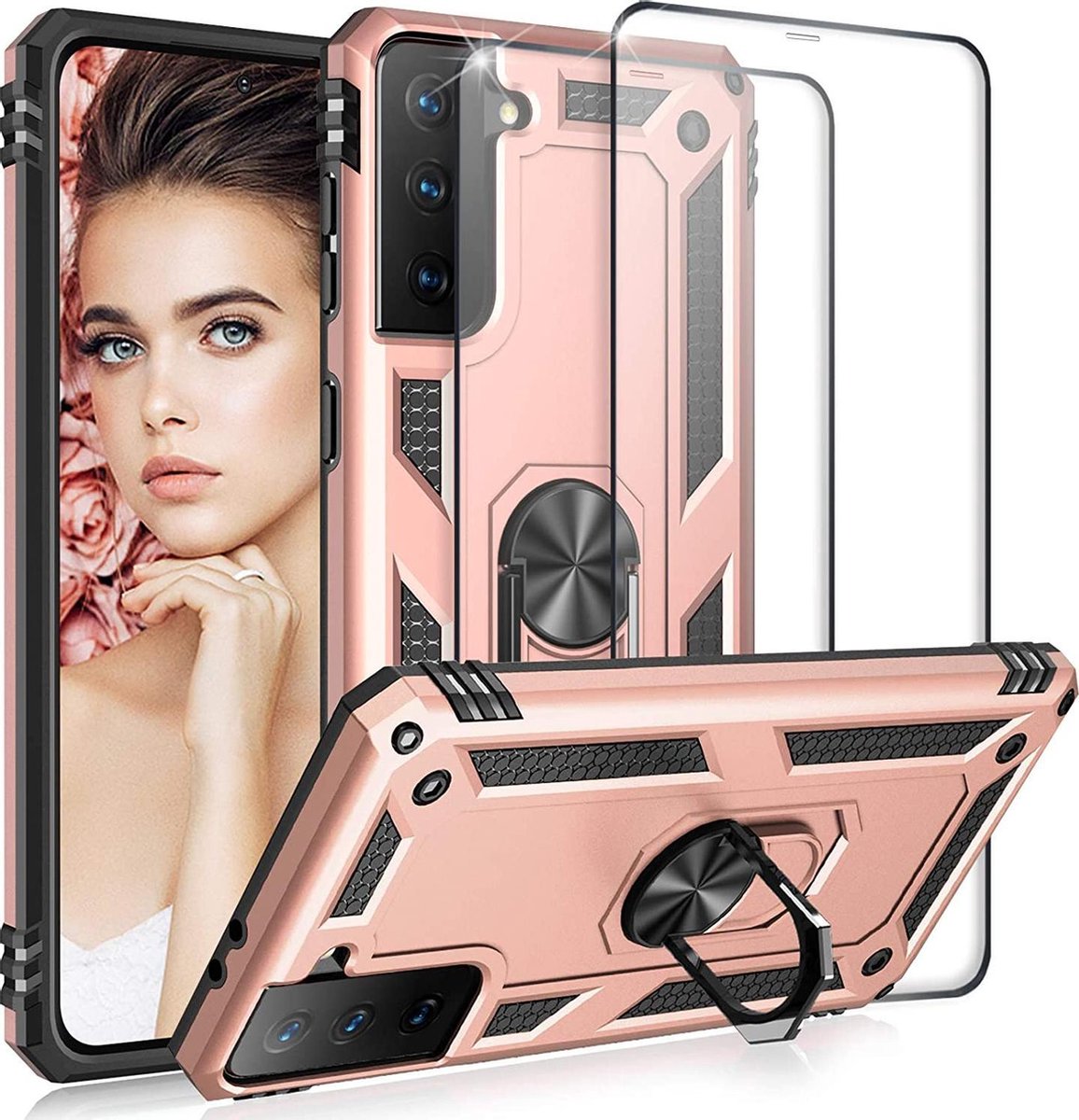 HB Hoesje Geschikt voor Samsung Galaxy S21 Roségoud - Anti-Shock Hybrid Armor Back Cover - Hoes met Kickstand Ring & 2X Volledige Display Screenprotector