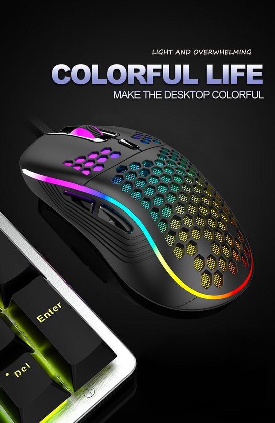 Shopmore RGB Honeycomb Gaming muis - Bedrade muis - Game muis - 7 knoppen - RGB - 800 tot 6400 DPI - Zwart