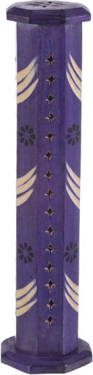 Puckator wierookbrander/toren octagonaal voor wierookstokjes of cones Tibetaanse stijl met wimpels en bloemen blauw