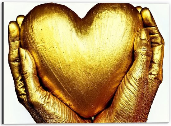 Dibond - Gouden Handen rondom Hart - 40x30cm Foto op Aluminium (Met Ophangsysteem)