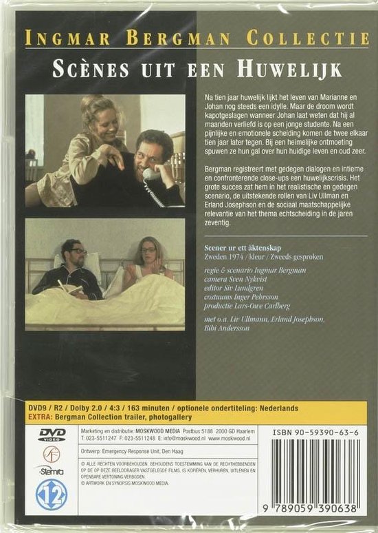 Achterkant DVD hoes 'Scènes uit een Huwelijk'. Twee kleine foto's van scènes, filmdetails en distributie-informatie.
