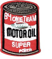 Motor Oil Blik Patch Met Super Power En B4 One Team Tekst 5.3 cm / 9.4 cm / Rood Wit Zwart