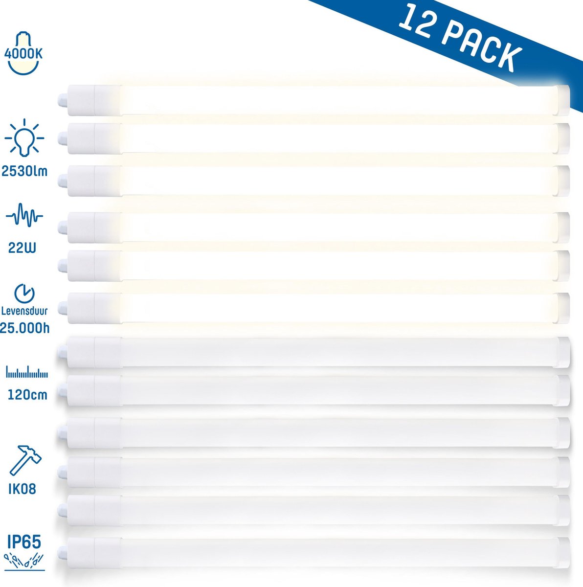 TL LED verlichting met armatuur - Waterdicht IP65 - Set van 12 LED lampen - 22W - 120cm