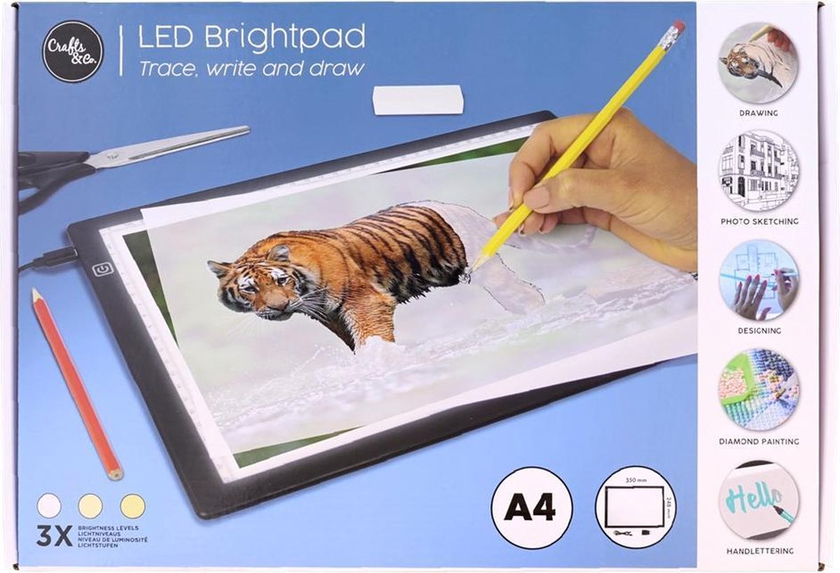 Led Brightpad - A4 - Tekenbord - Diamond Painting - CM verdeling op beide assen - 3 dimbare lichtstanden
