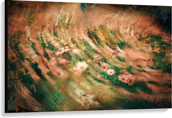 Canvas  - Abstracte Roze en Groene vegen met Bloemetjes - 120x80cm Foto op Canvas Schilderij (Wanddecoratie op Canvas)