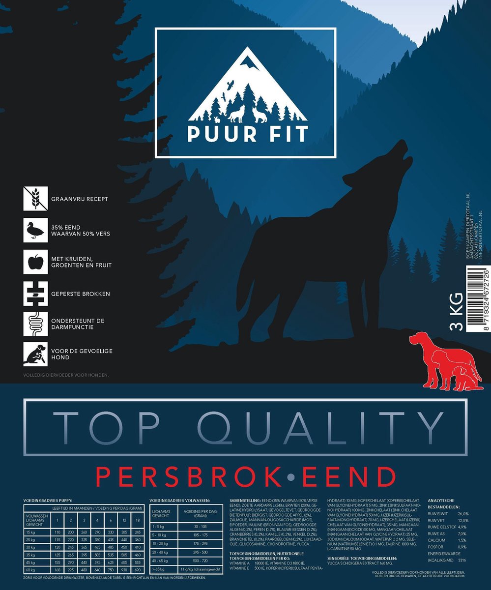 Puur Fit Puur Fit Top Quality Persbrok - Hondenvoer - Eend 15 kg