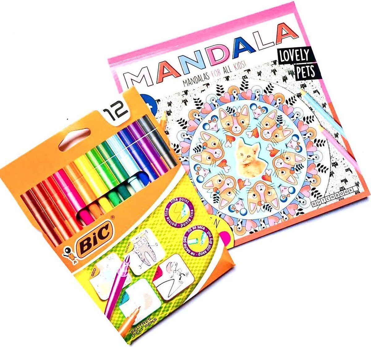 Kleurboek dieren voor kinderen + 12 BIC viltstiften - Mandala ''Kat'' - Kleuren voor kinderen - Viltstiften voor kinderen - Kleuren - Stiften - Kleurboek voor kinderen dieren - Schoencadeautjes - Sinterklaas cadeau