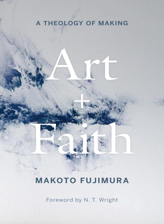 Boek "Art + Faith" door Makoto Fujimura met blauwe en witte marmerachtige patronen.