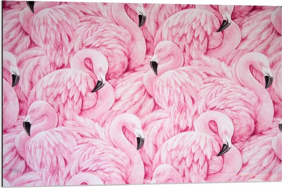 Dibond - Roze Flamingo's Patroon - 90x60cm Foto op Aluminium (Met Ophangsysteem)